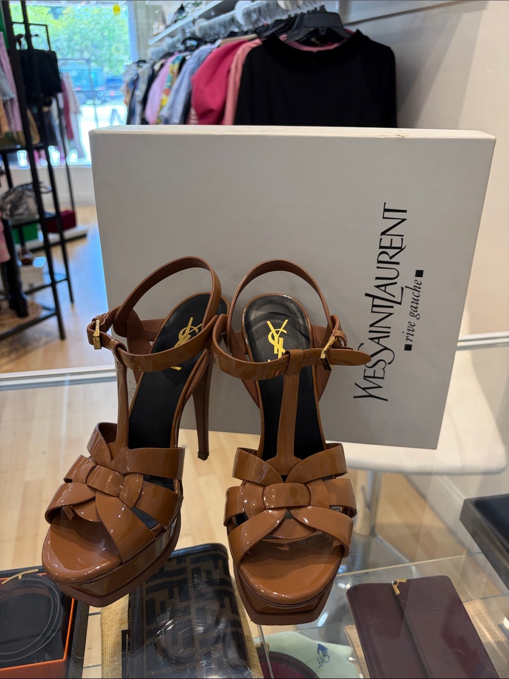 Yves Saint Laurent Tribute Brown Patent Leather Platform Heels